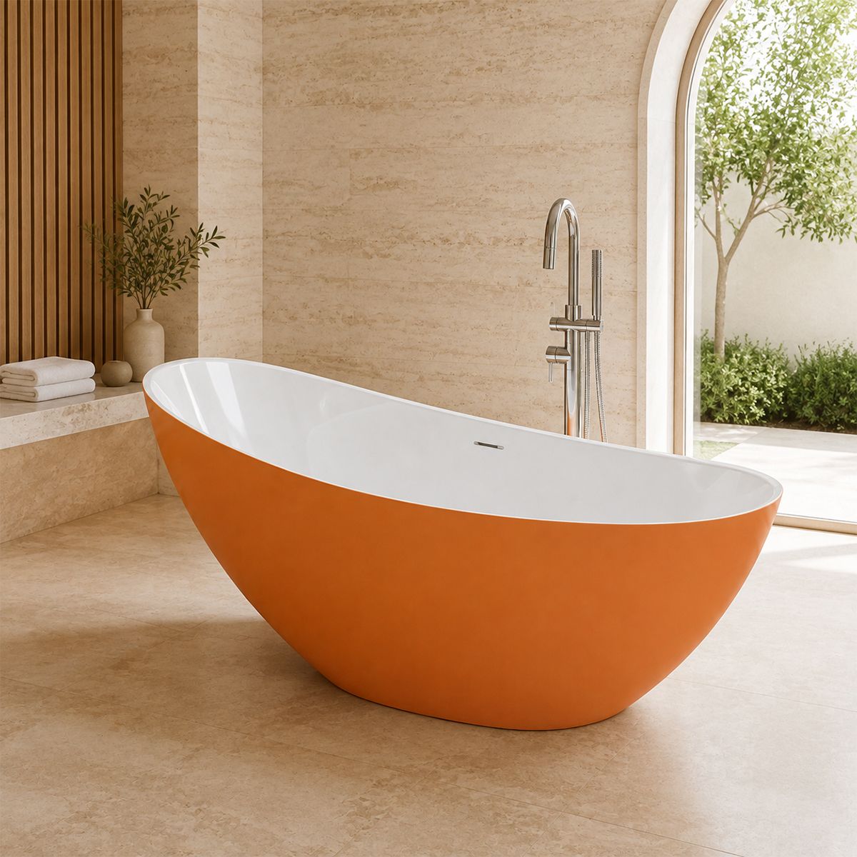 Cada de baie, freestanding, acril, ventil si preaplin crom inclus, Orange Mat exterior Alb Lucios interior, 160x80 cm, Cairo