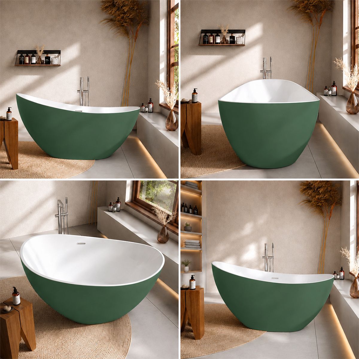 Cada de baie, freestanding, acril, ventil si preaplin crom inclus, Verde Mint Mat exterior Alb Lucios interior, 160x80 cm, Cairo