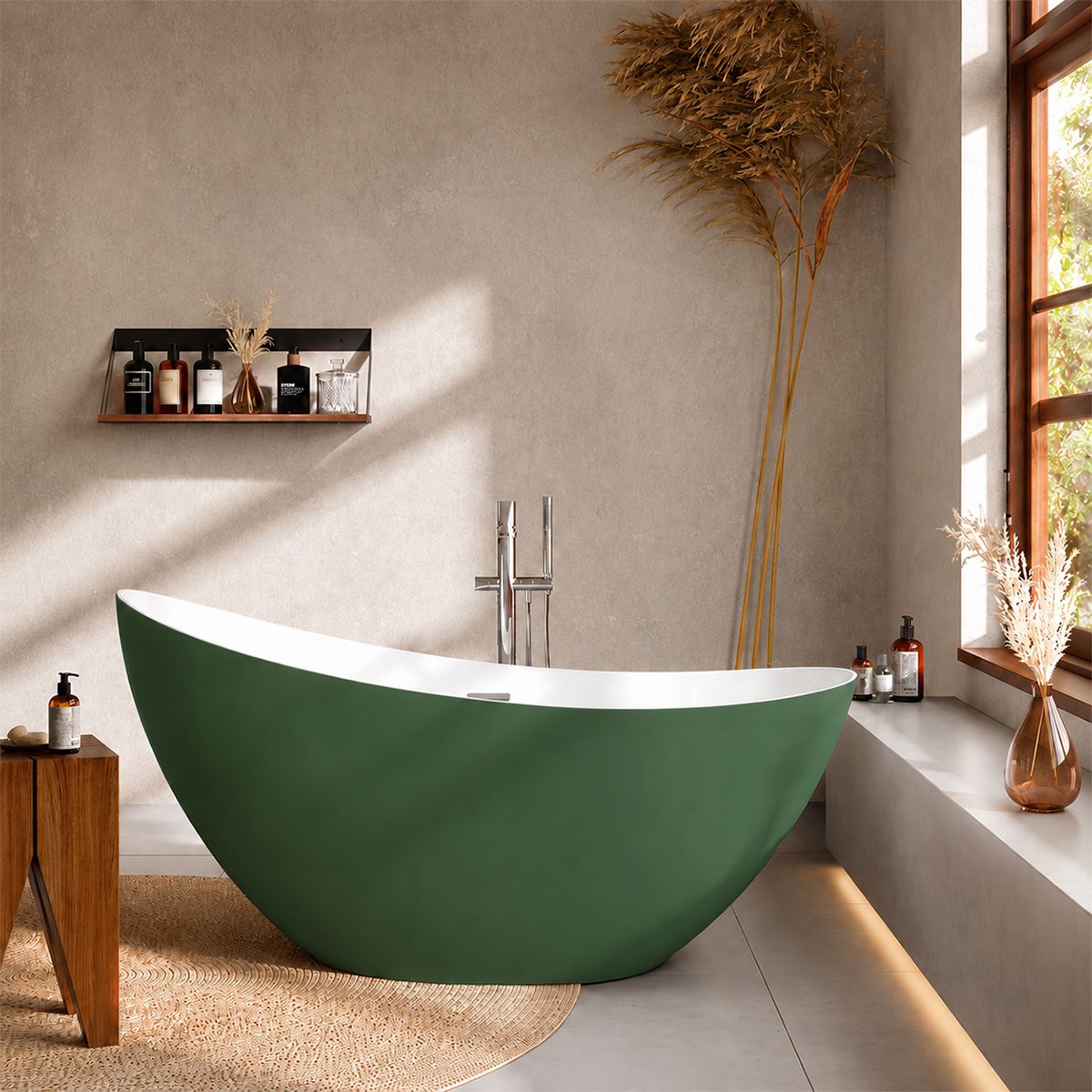 Cada de baie, freestanding, acril, ventil si preaplin crom inclus, Verde Mint Mat exterior Alb Lucios interior, 160x80 cm, Cairo