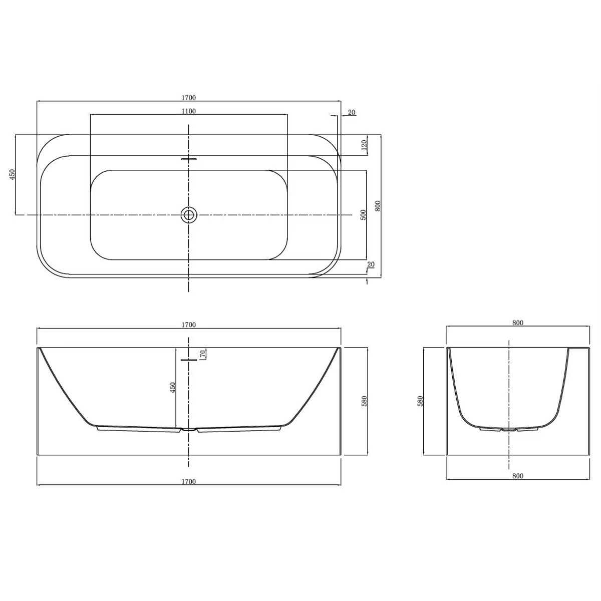 Cada de baie, freestanding, baterie si ventil inclus, Negru Mat, Acril, 170x80 cm, Granada