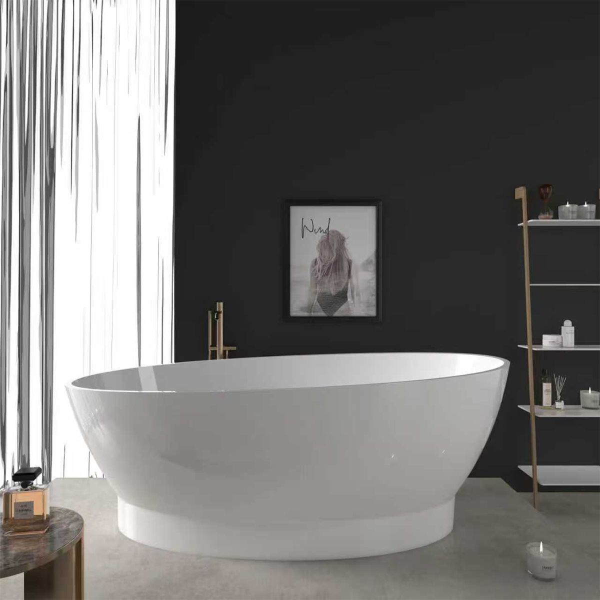Cada de baie, freestanding, compozit mineral, ventil alb inclus, Alb Lucios, 160x83 cm, Edena