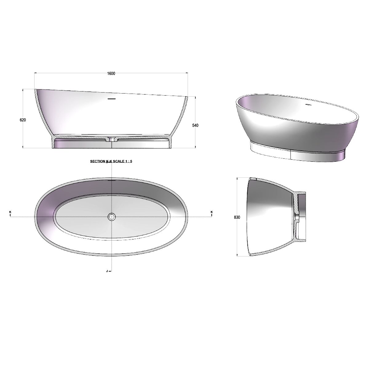 Cada de baie, freestanding, compozit mineral, ventil alb inclus, Alb Lucios, 160x83 cm, Edena