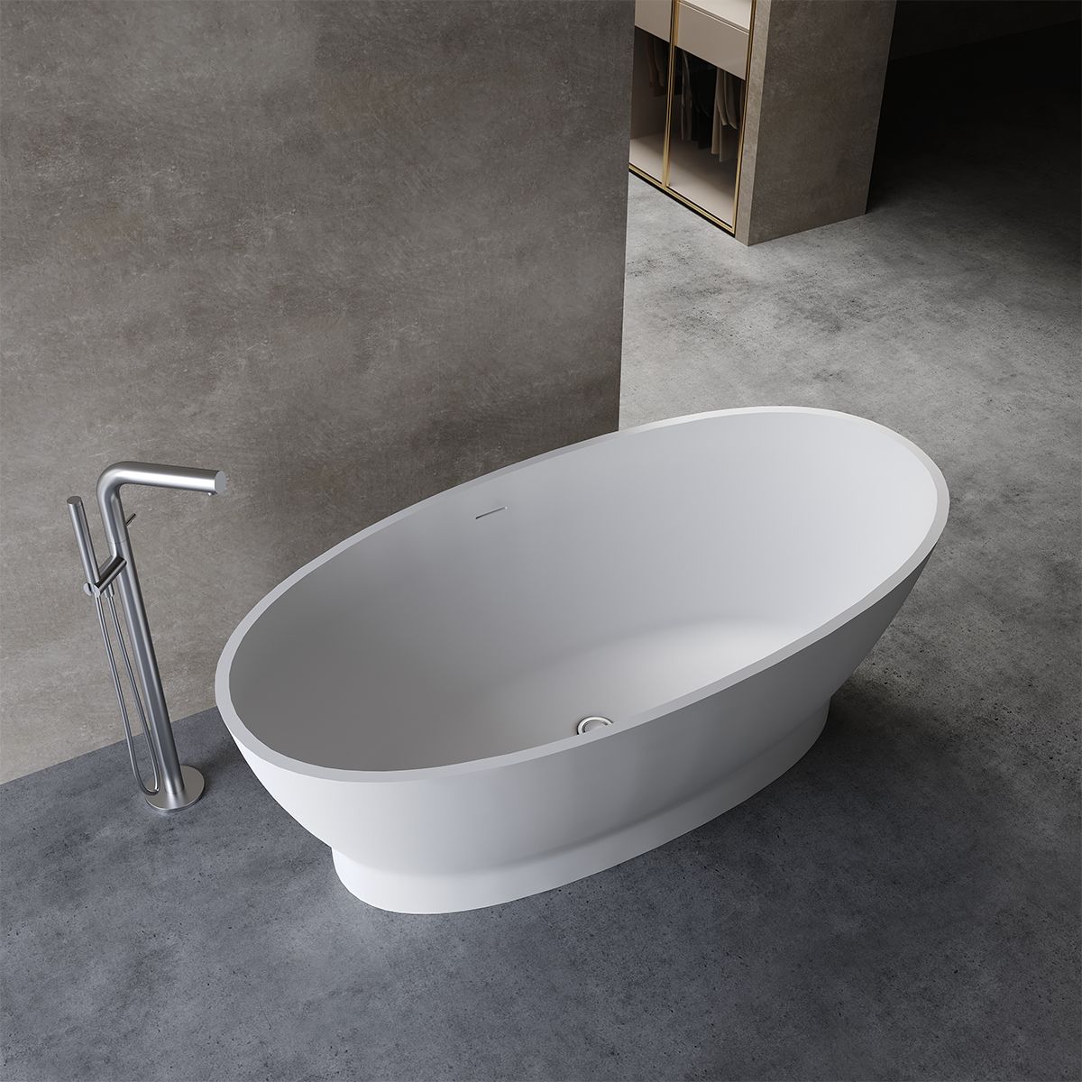 Cada de baie, freestanding, compozit mineral, ventil alb inclus, Alb Lucios, 160x83 cm, Edena