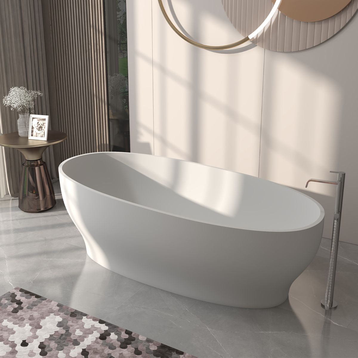 Cada de baie, freestanding, compozit mineral, ventil alb inclus, Alb Lucios, 170x85 cm, Noemi