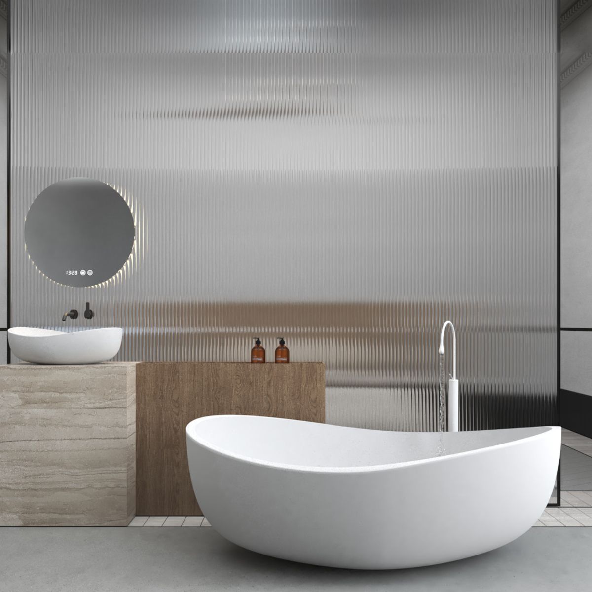 Cada de baie, freestanding, compozit mineral,  ventil alb inclus, Alb Lucios, 180x109 cm, Lirio