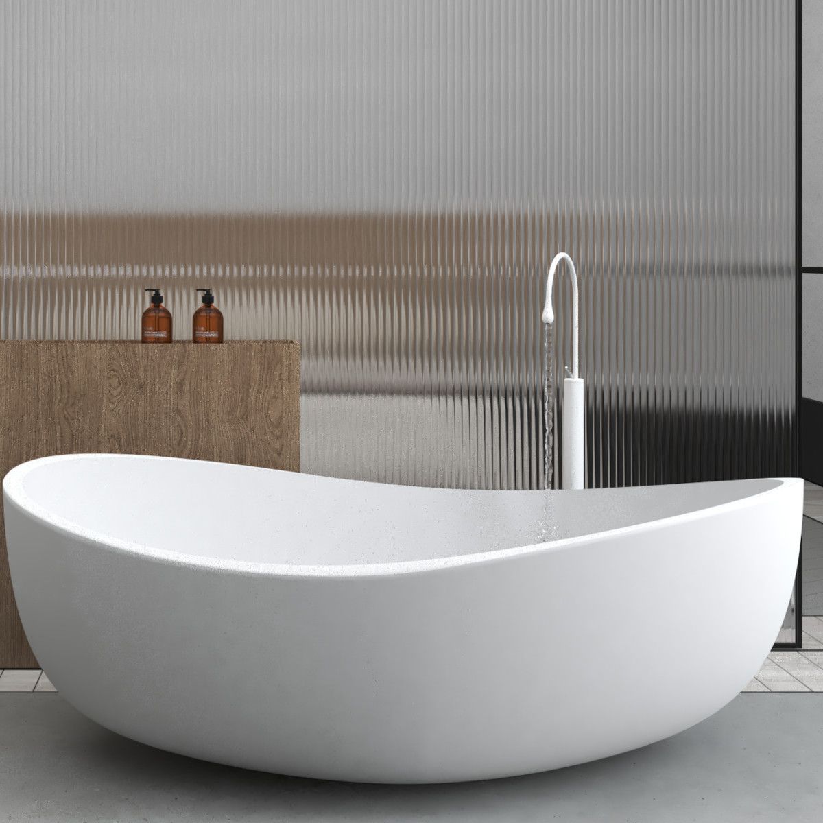 Cada de baie, freestanding, compozit mineral,  ventil alb inclus, Alb Lucios, 180x109 cm, Lirio