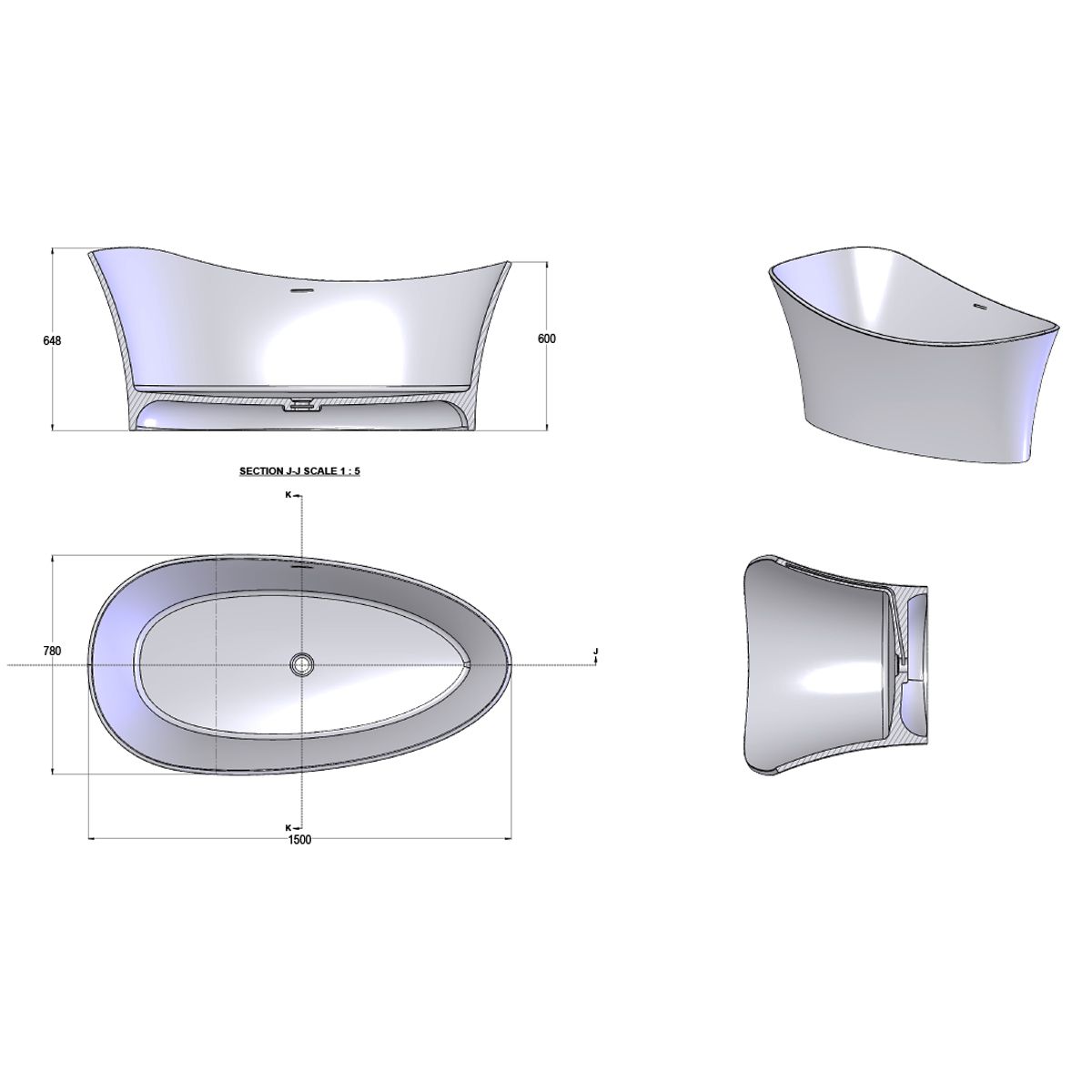 Cada de baie, freestanding, compozit mineral, ventil inclus, Antracit Mat, 150x78 cm, Nice
