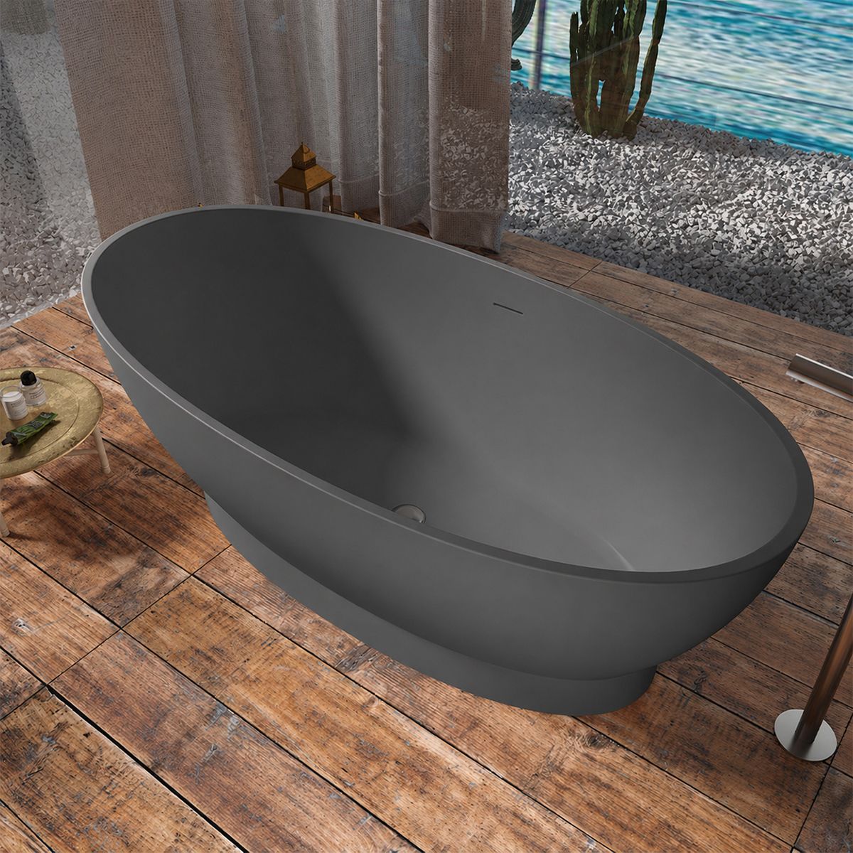 Cada de baie, freestanding, compozit mineral, ventil inclus, Antracit Mat, 160x83 cm, Edena