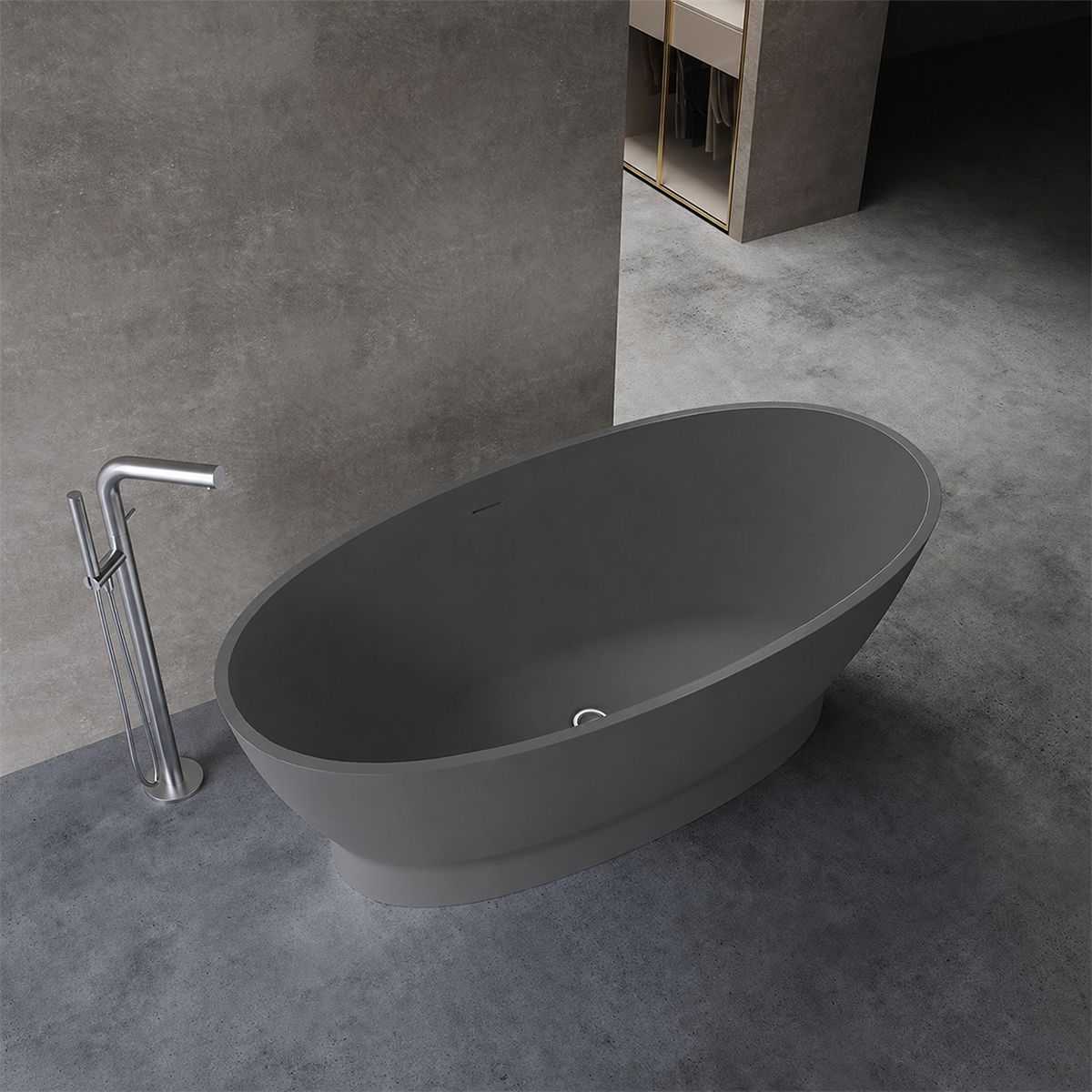 Cada de baie, freestanding, compozit mineral, ventil inclus, Antracit Mat, 160x83 cm, Edena