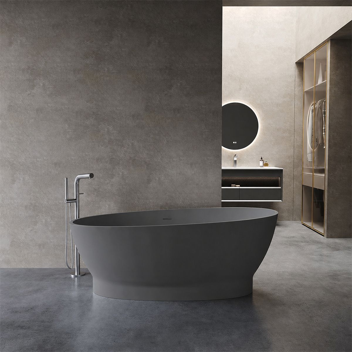 Cada de baie, freestanding, compozit mineral, ventil inclus, Antracit Mat, 160x83 cm, Edena