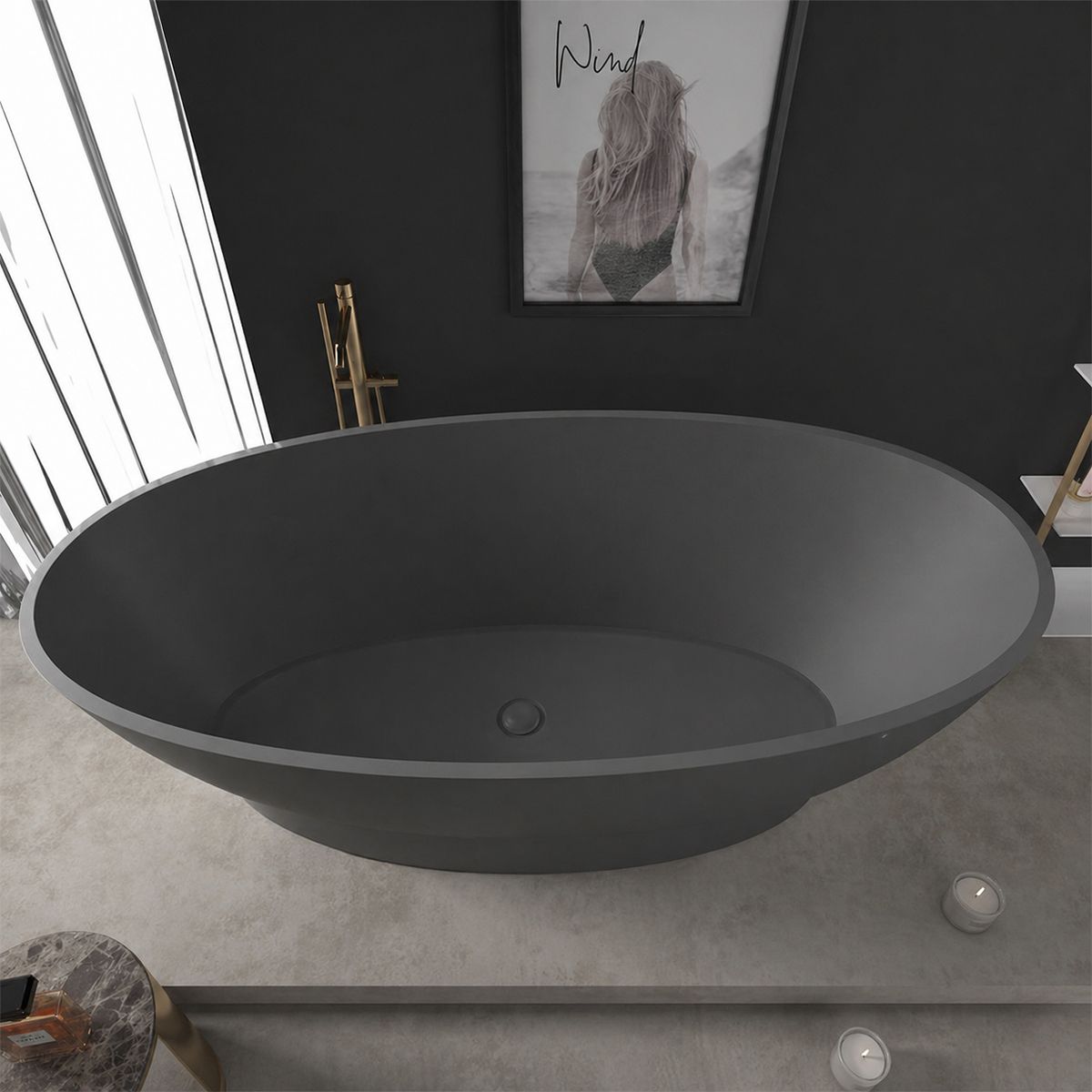 Cada de baie, freestanding, compozit mineral, ventil inclus, Antracit Mat, 160x83 cm, Edena