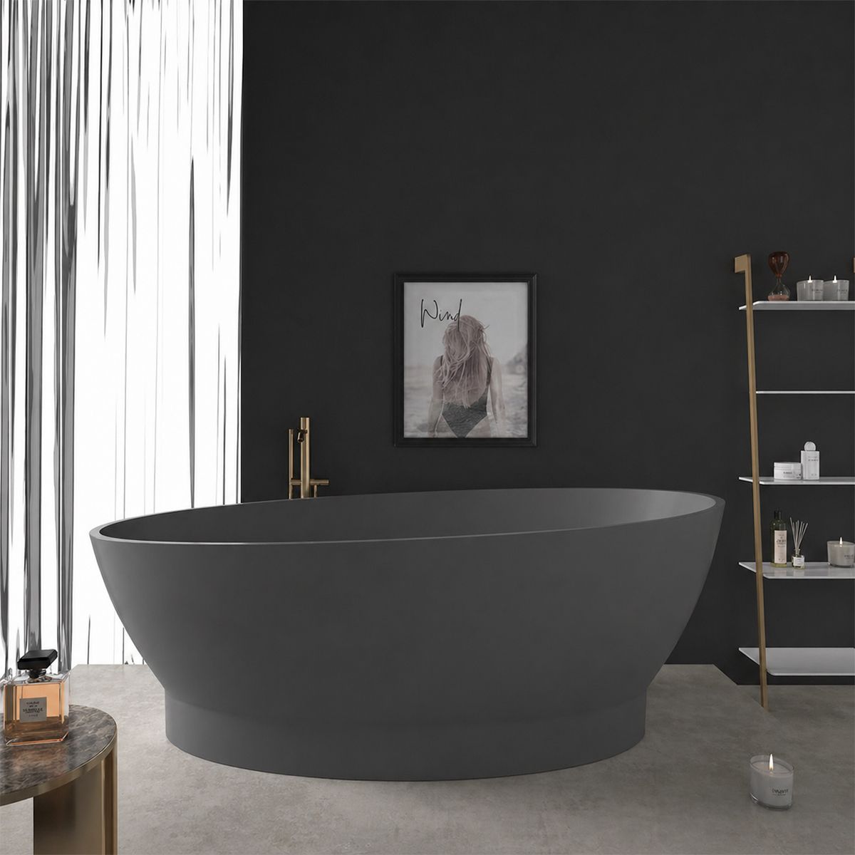 Cada de baie, freestanding, compozit mineral, ventil inclus, Antracit Mat, 160x83 cm, Edena