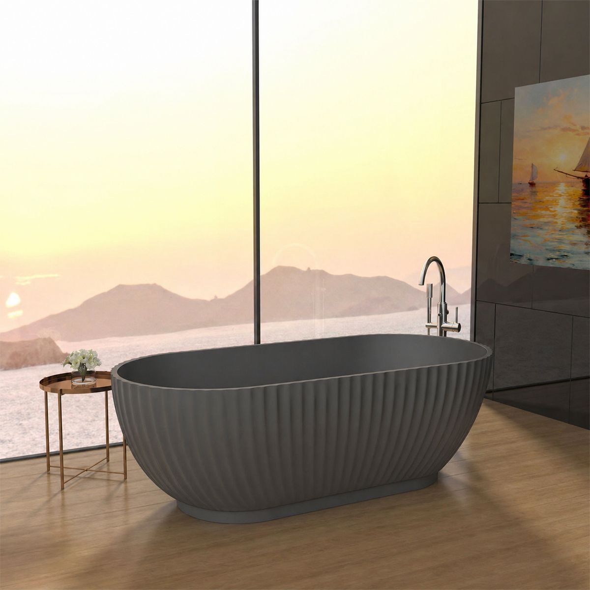 Cada de baie, freestanding, compozit mineral, ventil inclus, Antracit Mat, 170x80 cm, Bali
