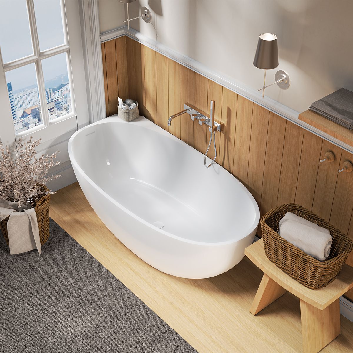 Cada de baie, freestanding cu montare pe colt,  compozit mineral, ventil alb inclus,Alb Lucios, 160x78 cm, Fifi