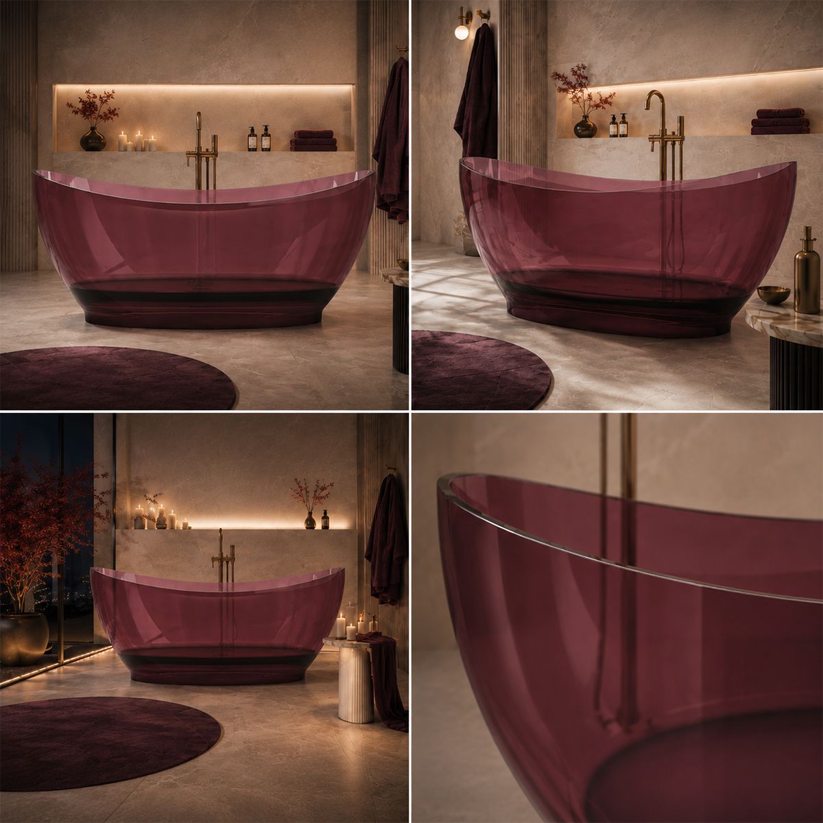 Cada de baie, freestanding, Rasina, ventil crom inclus, culoarea Rosu Visiniu, transparent, 170x80 cm, Selora