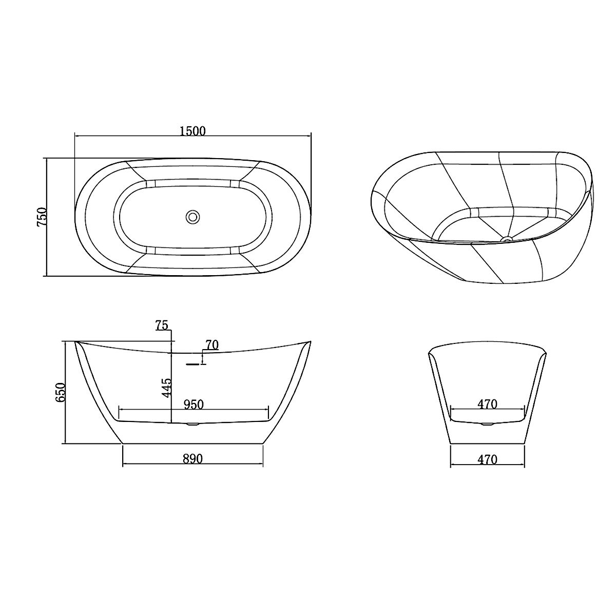 Cada de baie Kevin, Acril sanitar, alb lucios, 150, 160, 170 cm, izolare termica, freestanding