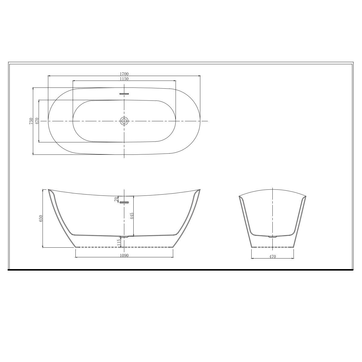 Cada de baie Kevin, Acril sanitar, Negru Lucios interior si exterior, 160 sau 170 cm, izolare termica, freestanding