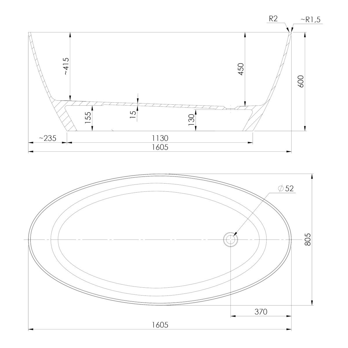 Cada de baie OMNIRES SIENA, Compozit Roca Dolomit, Gri Alb, lucios, 164x81 cm, izolare termica, freestanding
