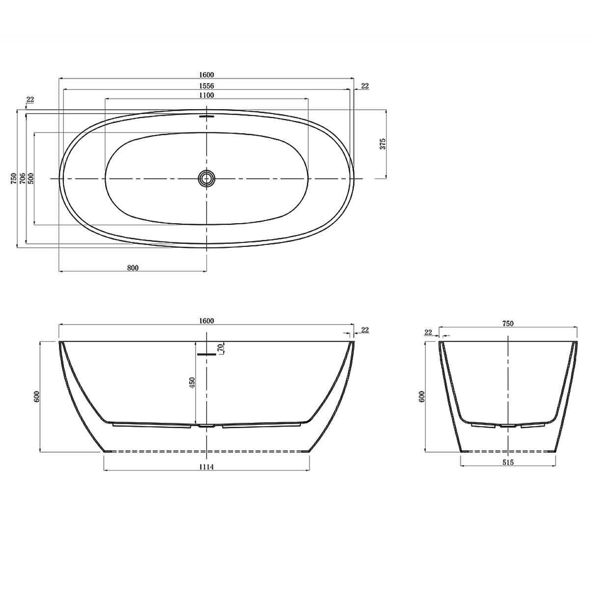 Cada de baie Zinon, Acril sanitar, Alb Lucios Interior, Negru Lucios Exterior, 160 sau 170 cm, izolare termica, freestanding