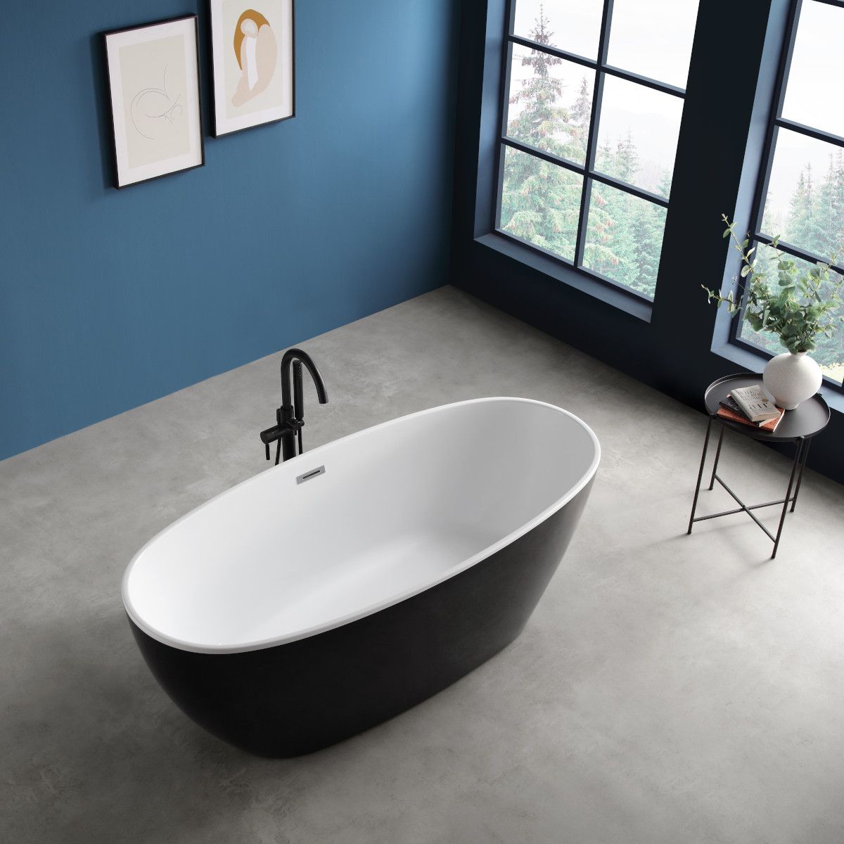 Cada de baie Zinon, Acril sanitar, Alb Lucios Interior, Negru Lucios Exterior, 160 sau 170 cm, izolare termica, freestanding