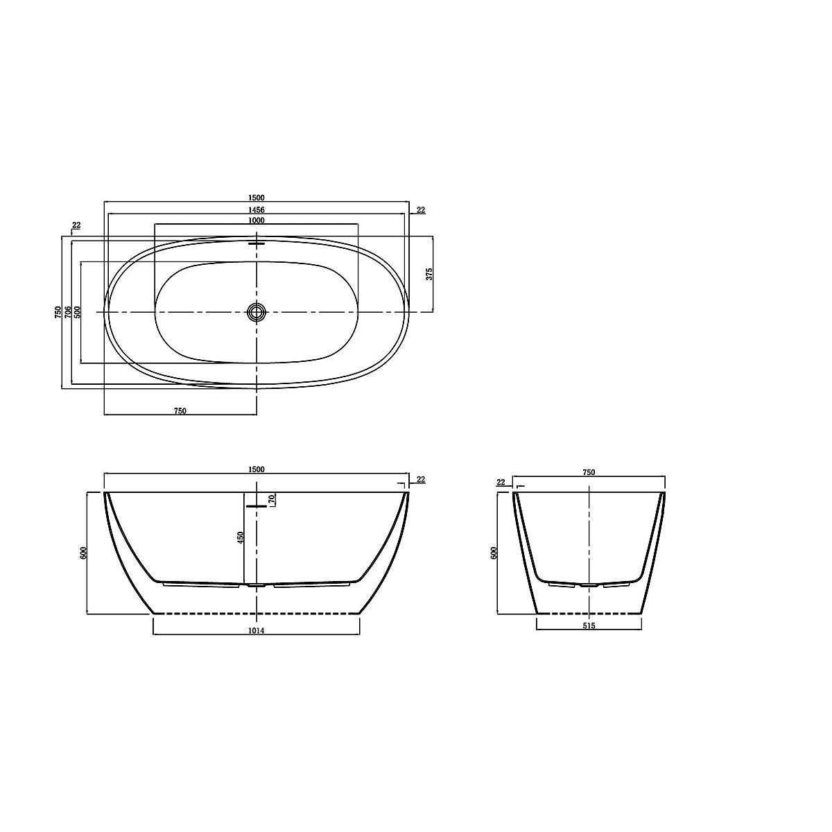 Cada de baie Zinon, Acril sanitar, Alb Lucios, 150, 160, 170 cm, izolare termica, freestanding