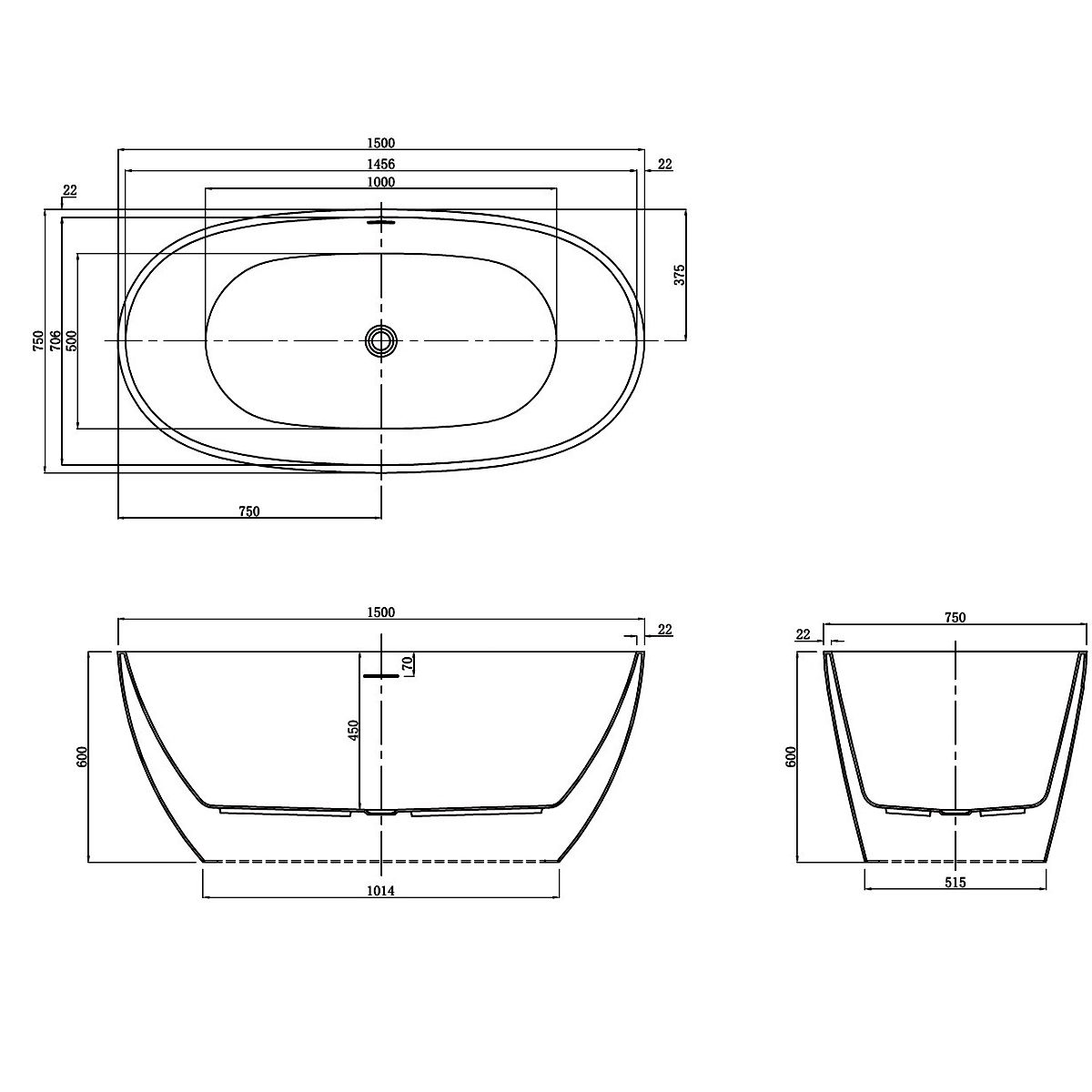 Cada de baie Zinon, Acril sanitar, Alb Lucios, 150, 160, 170 cm, izolare termica, freestanding