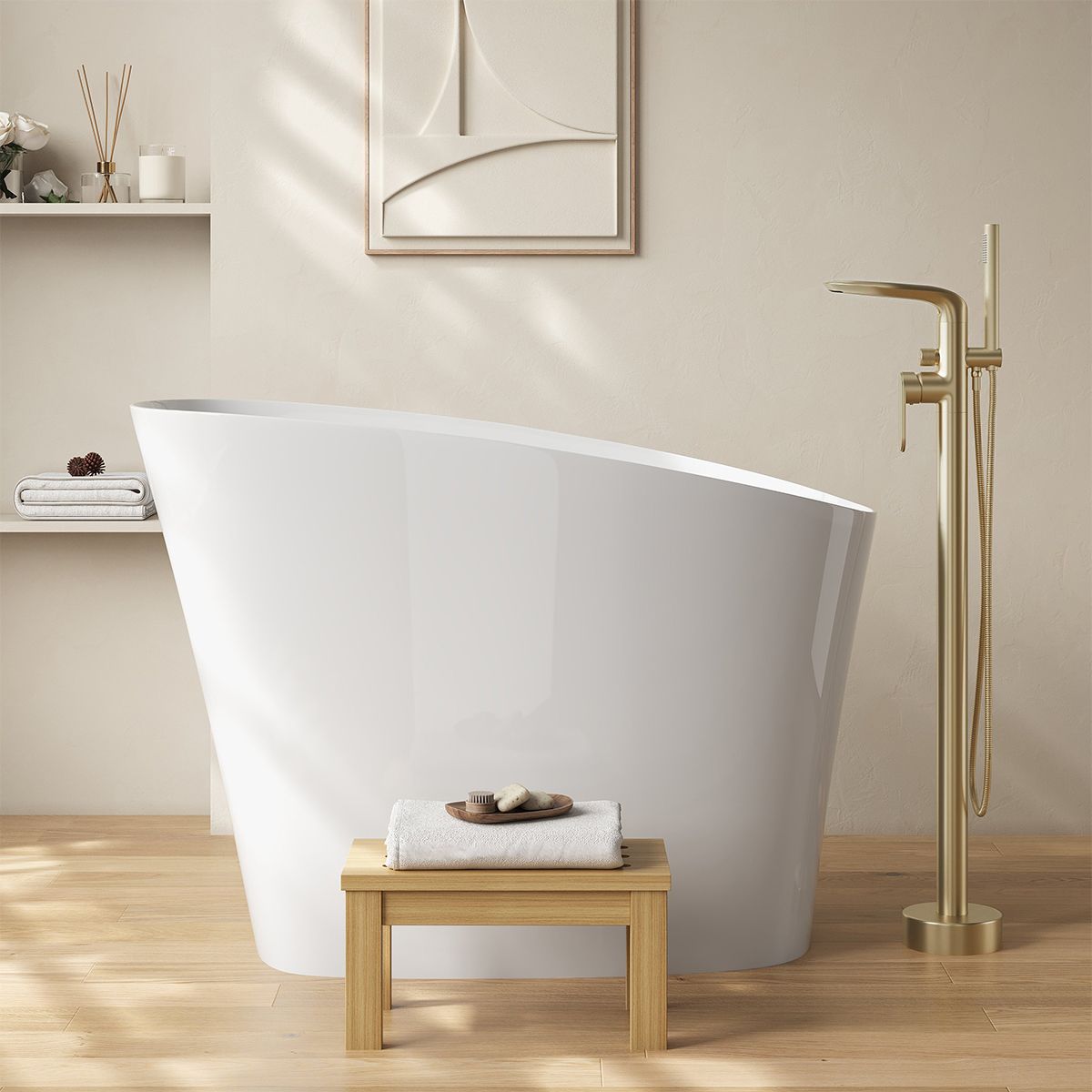 Cada tip japonez, compozit mineral, Alb Lucios, 120x58 cm, Izolare termica, ventil alb inclus, Freestanding, Sakura