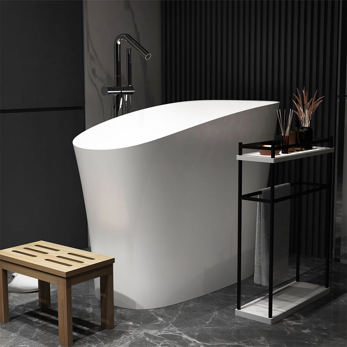 Cada tip japonez, compozit mineral, Alb Lucios, 120x58 cm, Izolare termica, ventil alb inclus, Freestanding, Sakura