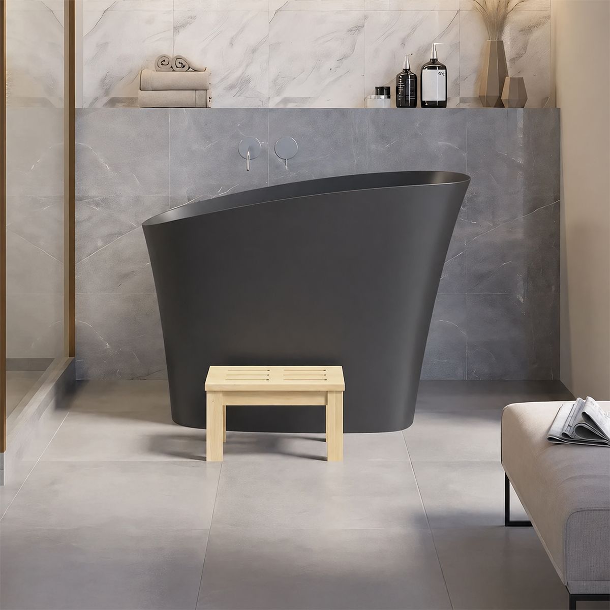 Cada tip japonez,compozit mineral, Antracit Mat, 120x58 cm, Izolare termica, ventil inclus, Freestanding, Sakura