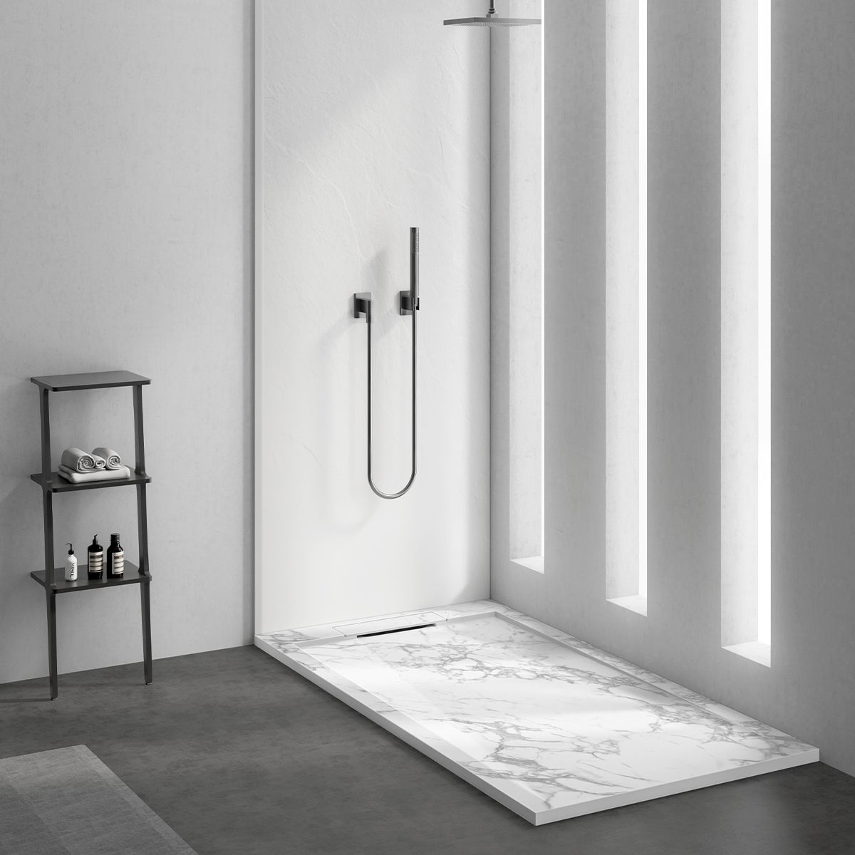 Cadita de dus, Alb Resigilat, finisaj Carrara Arabescato, compozit, inaltime 2.5 cm, dimensiuni 140x90 cm, decupabila, Antonio
