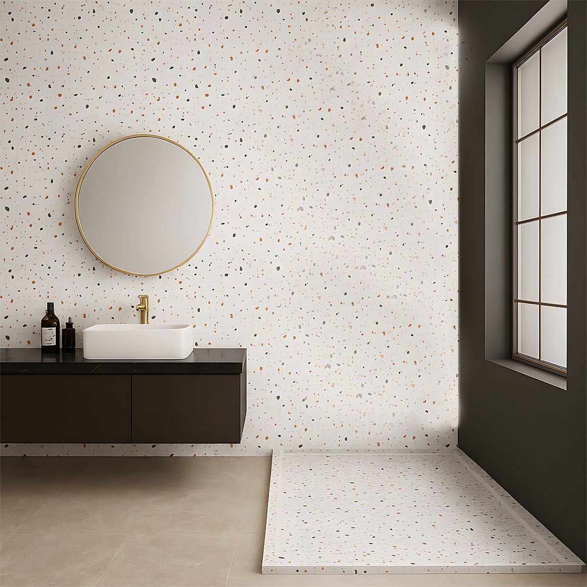 Cadita de dus, Alb, finisaj Terrazzo, compozit mineral, inaltime 2.5 dimensiuni 100-120x80-90 cm, decupabila, Antonio