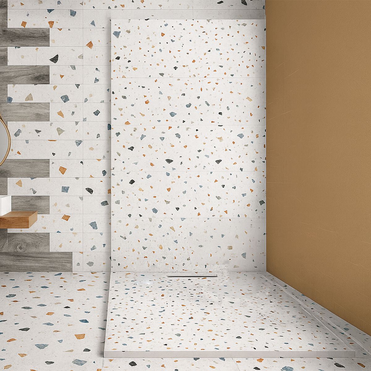 Cadita de dus, Alb, finisaj Terrazzo, compozit mineral, inaltime 2.5 dimensiuni 100-120x80-90 cm, decupabila, Antonio