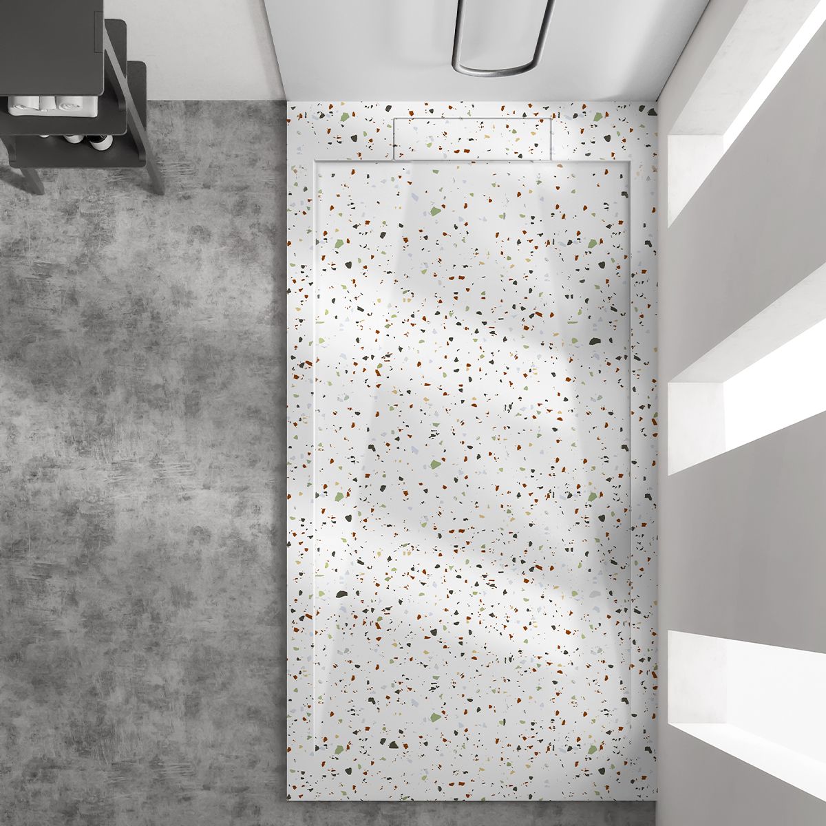 Cadita de dus, Alb, finisaj Terrazzo, compozit mineral, inaltime 2.5 dimensiuni 100-120x80-90 cm, decupabila, Antonio