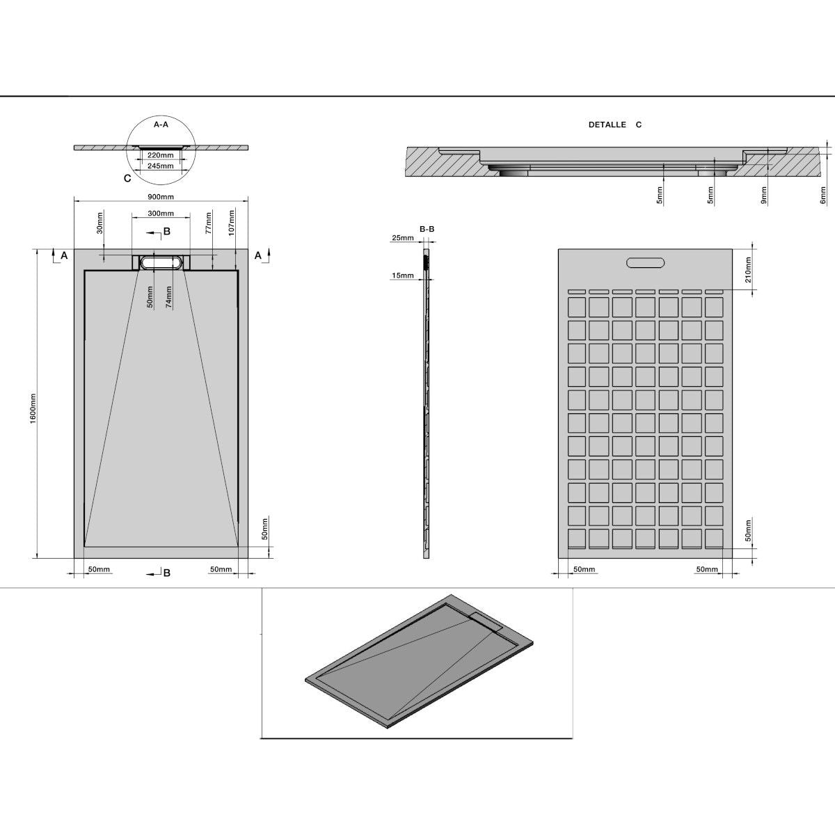 Cadita de dus compozit mineral, dimensiuni 70-90 x 80-160 cm, inaltime 2.5 cm, scugere ascunsa, decupabila, Alb, Antonio