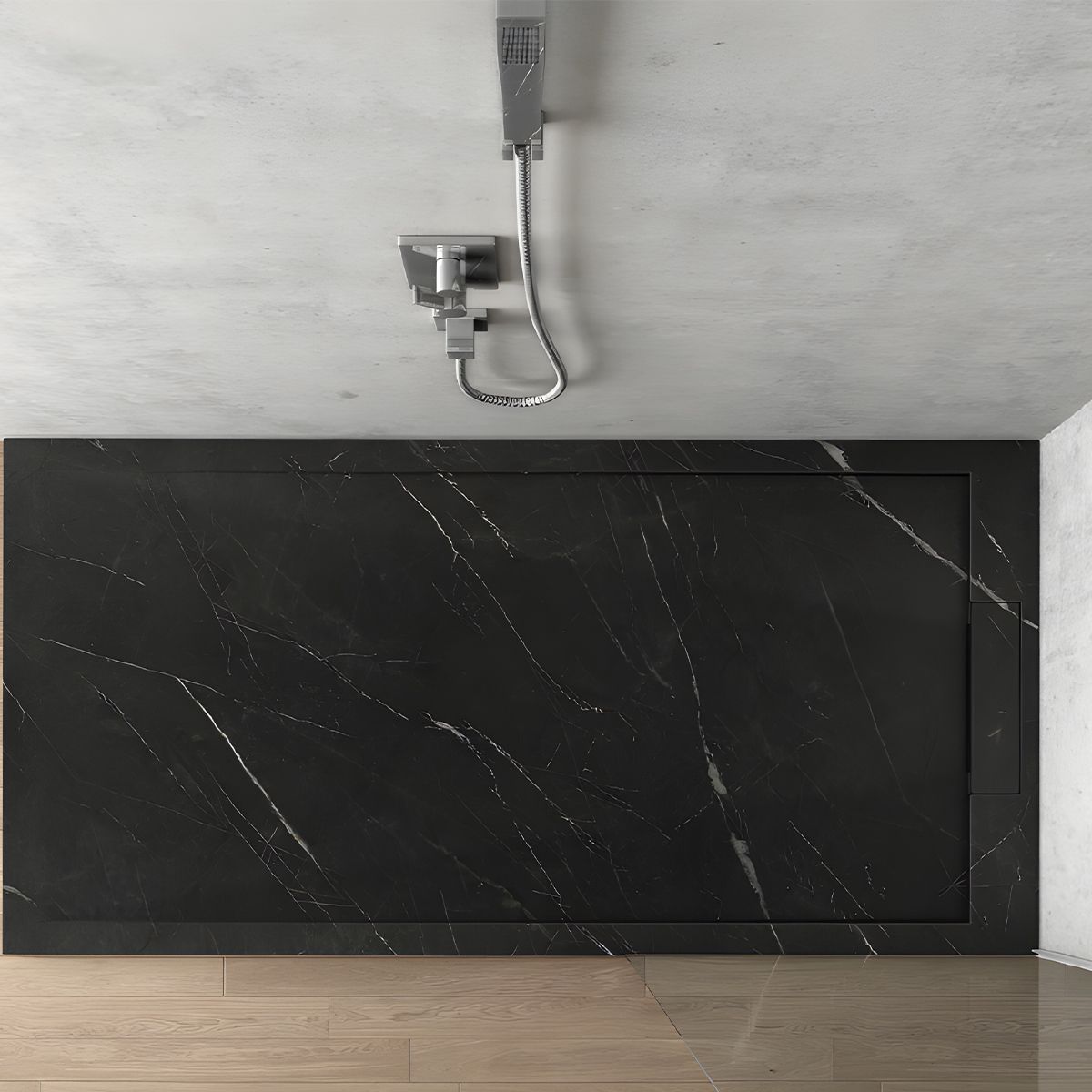 Cadita de dus, Negru Marquina, finisaj Marble Mat, compozit mineral, dimensiuni 100-160x70-90 cm, decupabila, Antonio