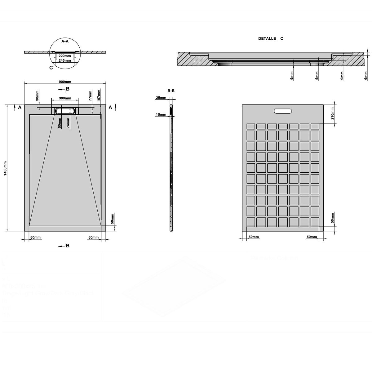 Cadita de dus, Negru Marquina, finisaj Marble Mat, compozit mineral, dimensiuni 100-160x70-90 cm, decupabila, Antonio