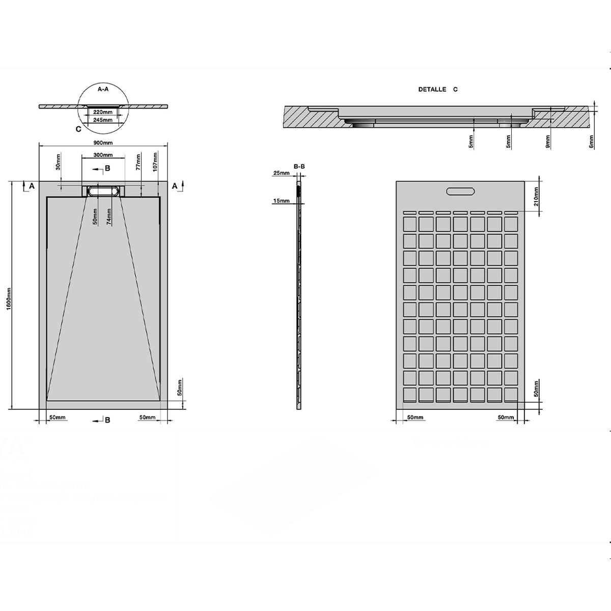 Cadita de dus, Negru Marquina, finisaj Marble Mat, compozit mineral, dimensiuni 100-160x70-90 cm, decupabila, Antonio