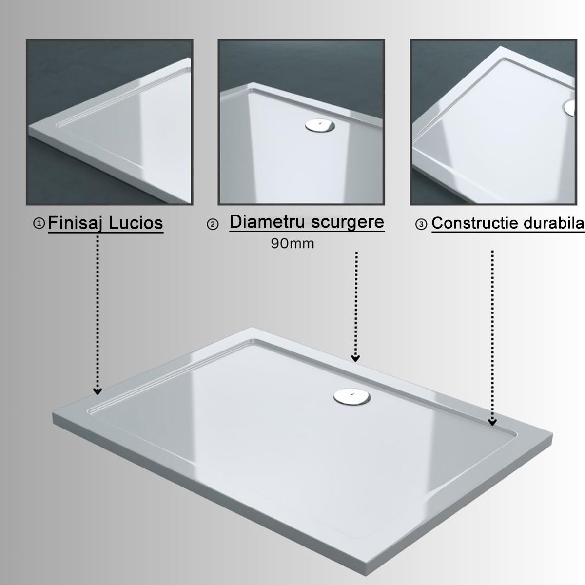 Cadita dreptunghiulara slim, 4 cm inaltime, sifon inclus, dimensiuni intre 80-90 x 100-160 cm, acril sanitar, EGO-FARO