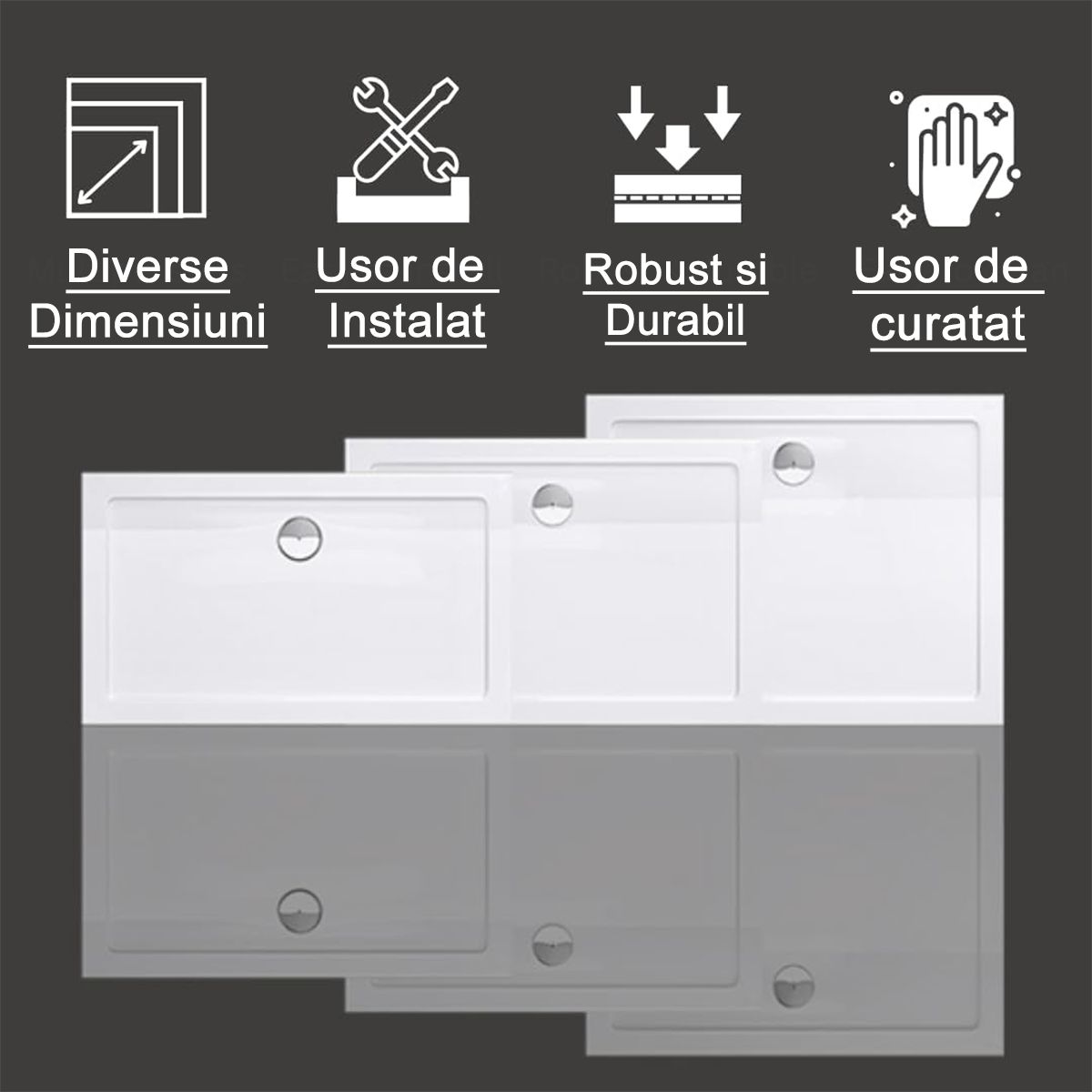 Cadita dreptunghiulara slim, 4 cm inaltime, sifon inclus, dimensiuni intre 80-90 x 100-160 cm, acril sanitar, EGO-FARO