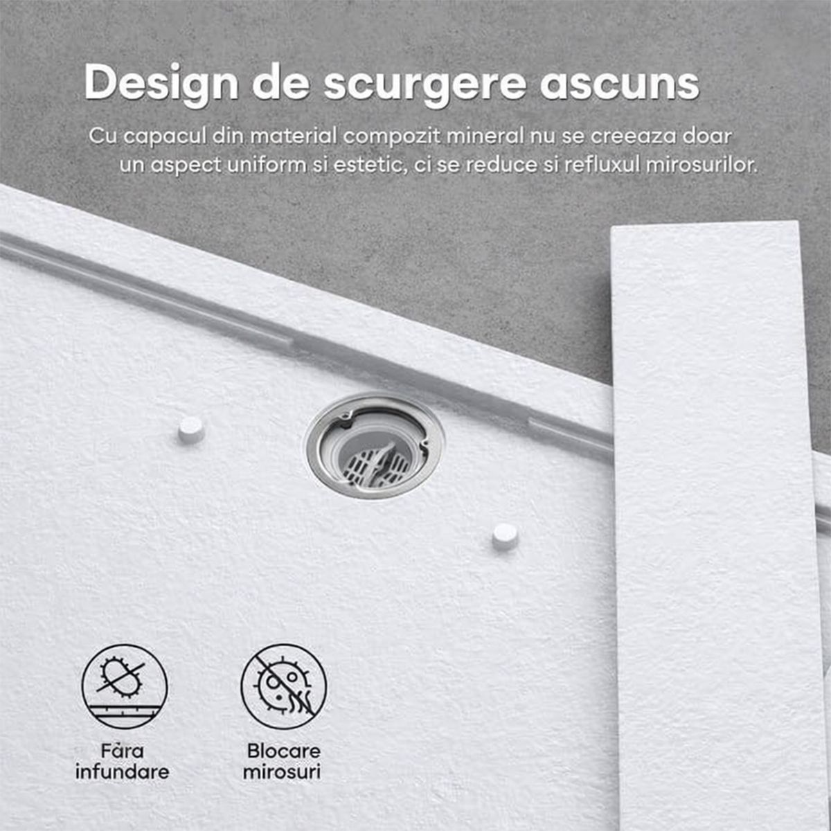 Cadita dus, compozit de marmura, scurgere ascunsa, inaltime 3 cm, Alb, dimensiune: 80-90x120-140-160 cm, GEO10