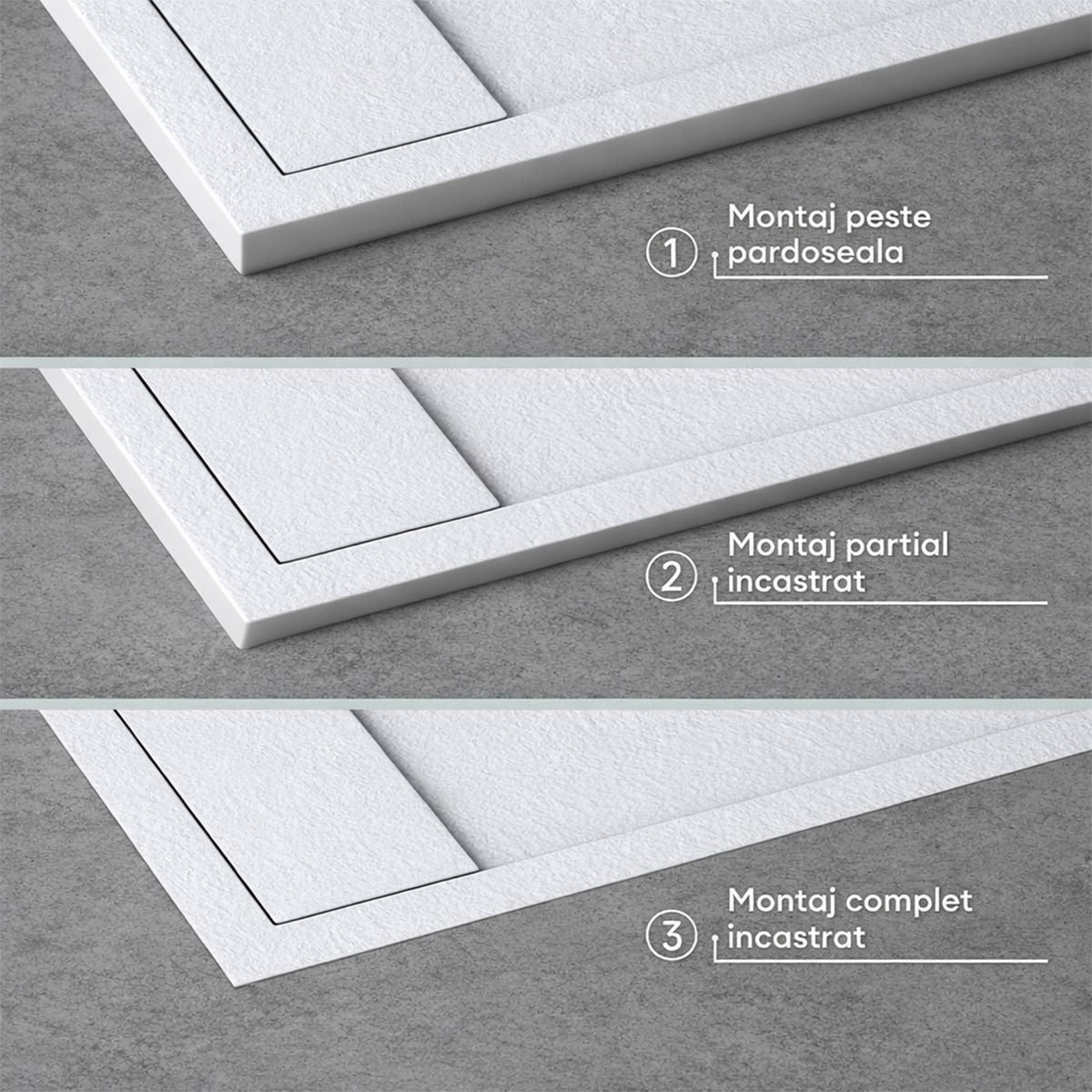 Cadita dus, compozit de marmura, scurgere ascunsa, inaltime 3 cm, Alb, dimensiune: 80-90x120-140-160 cm, GEO10