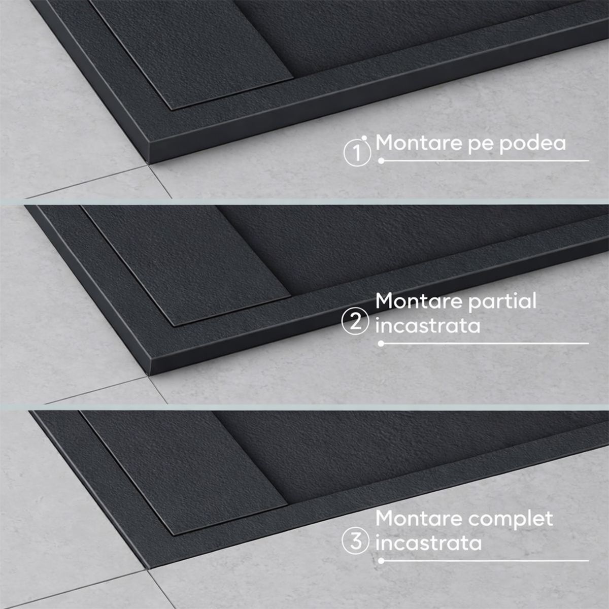 Cadita dus, compozit de marmura, scurgere ascunsa, inaltime 3 cm, Antracit Mat, dimensiune: 80-90x120 cm, GEO10