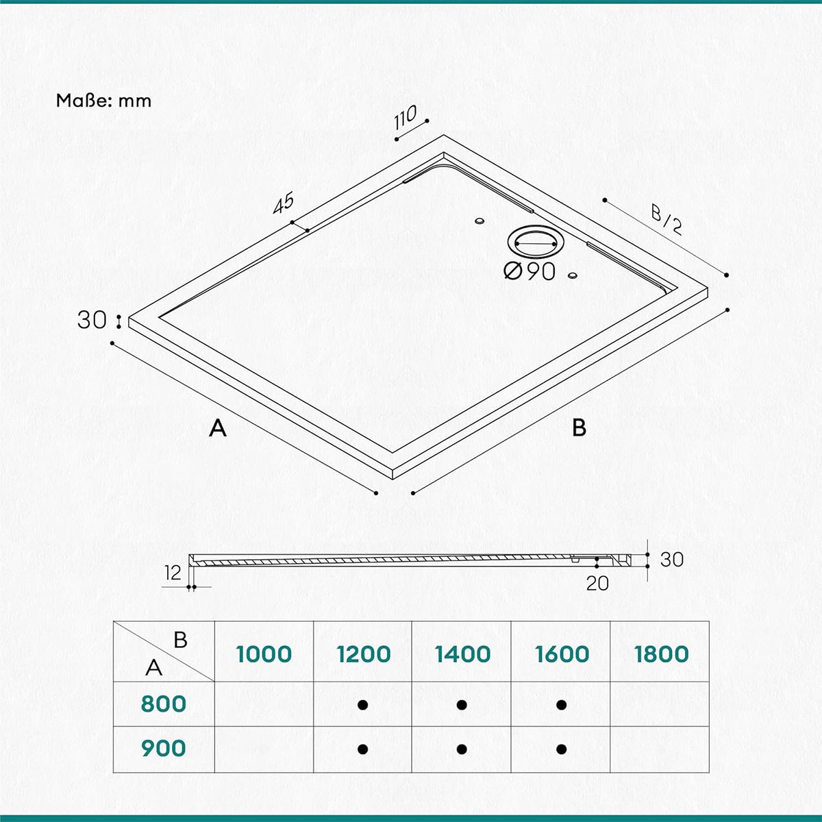 Cadita dus, compozit de marmura, scurgere ascunsa, inaltime 3 cm, Antracit Mat, dimensiune: 80-90x120 cm, GEO10