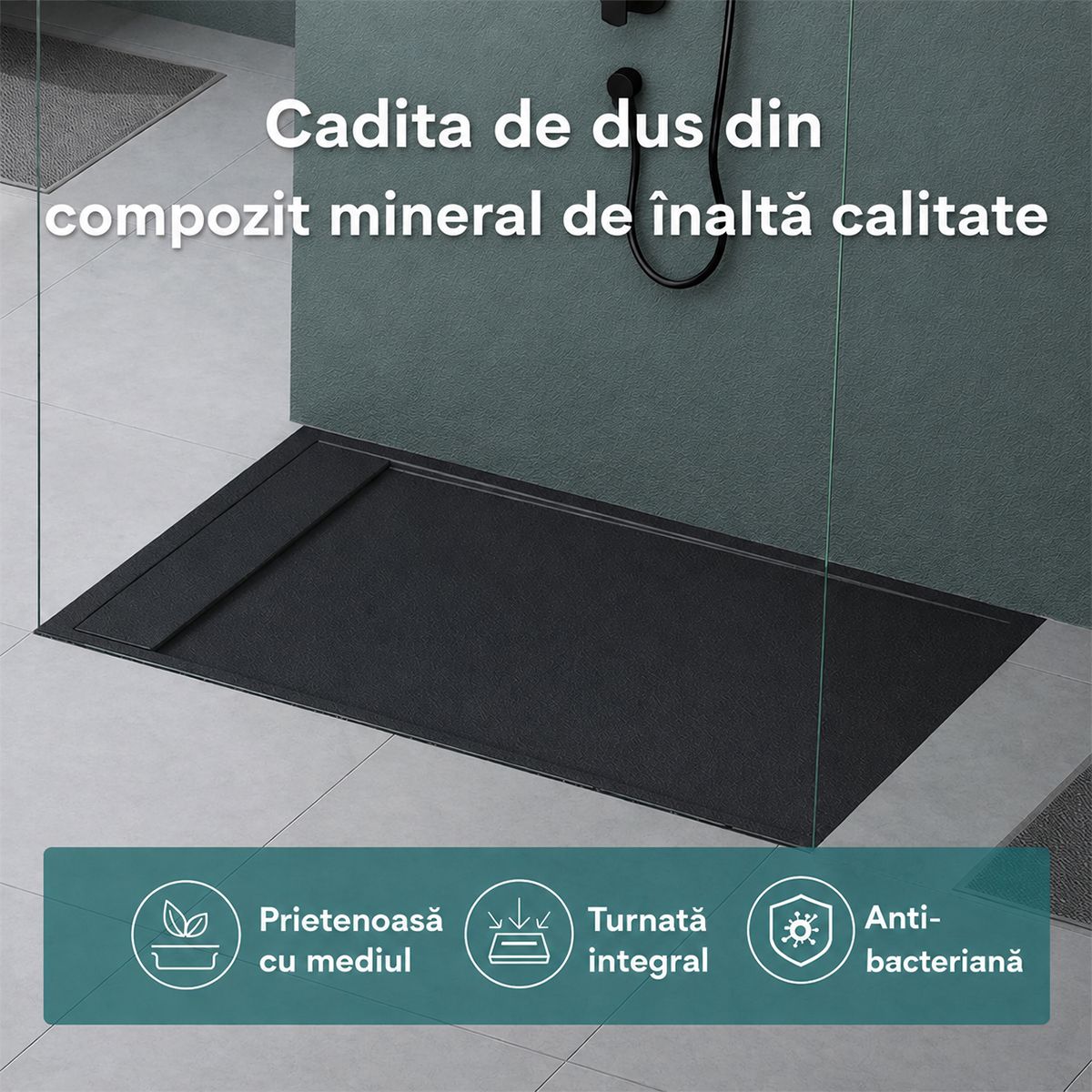 Cadita dus, compozit de marmura, scurgere ascunsa, inaltime 3 cm, Antracit Mat, dimensiune: 80-90x120 cm, GEO10