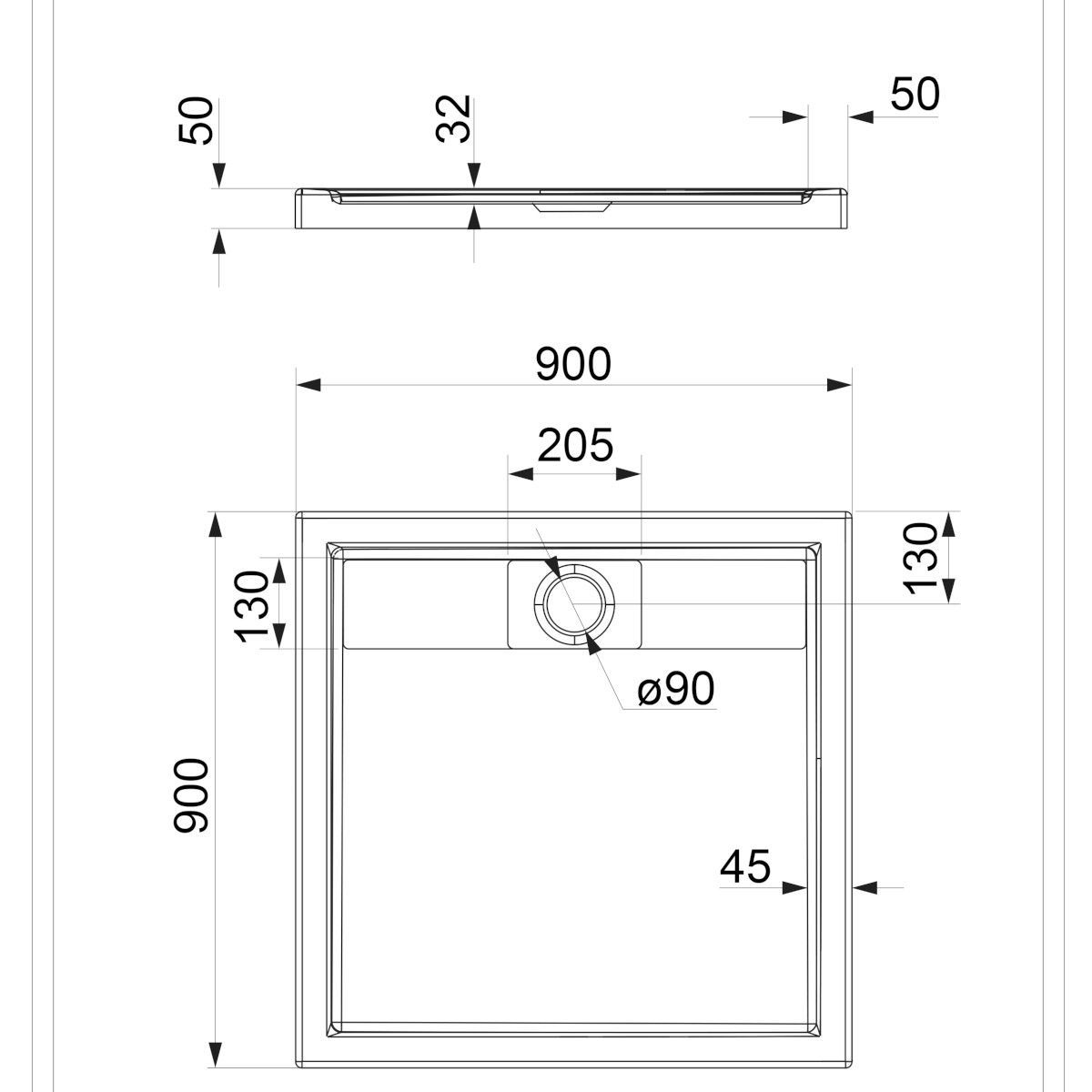 Cadita dus  OMNIRES BROOKLIN Resigilat, 90x90x5 cm, Alb lucios, acril sanitar