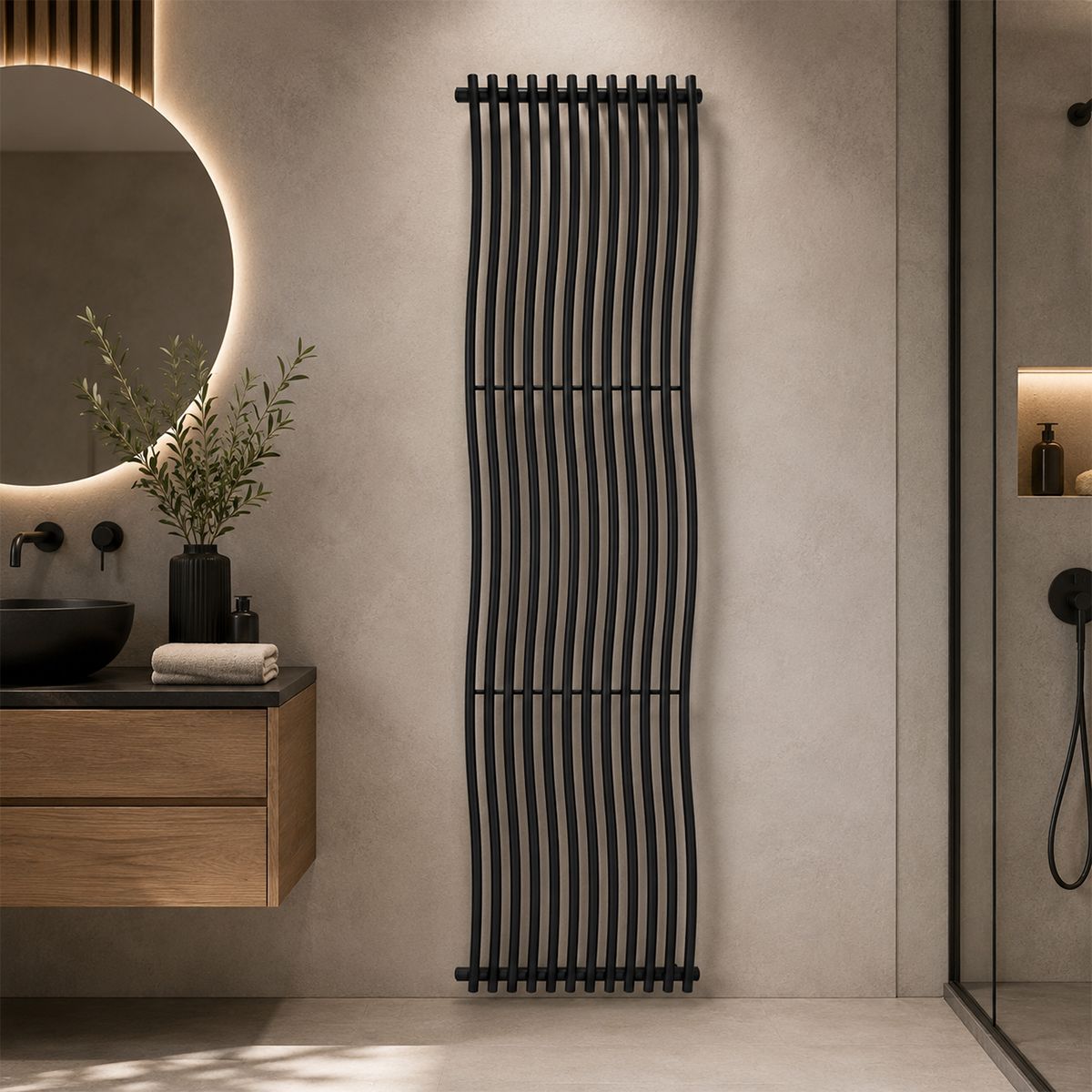 Calorifer decorativ,  design curbat, 12 elementi, conexiune laterala, 180x50 cm, Negru Mat, Sora
