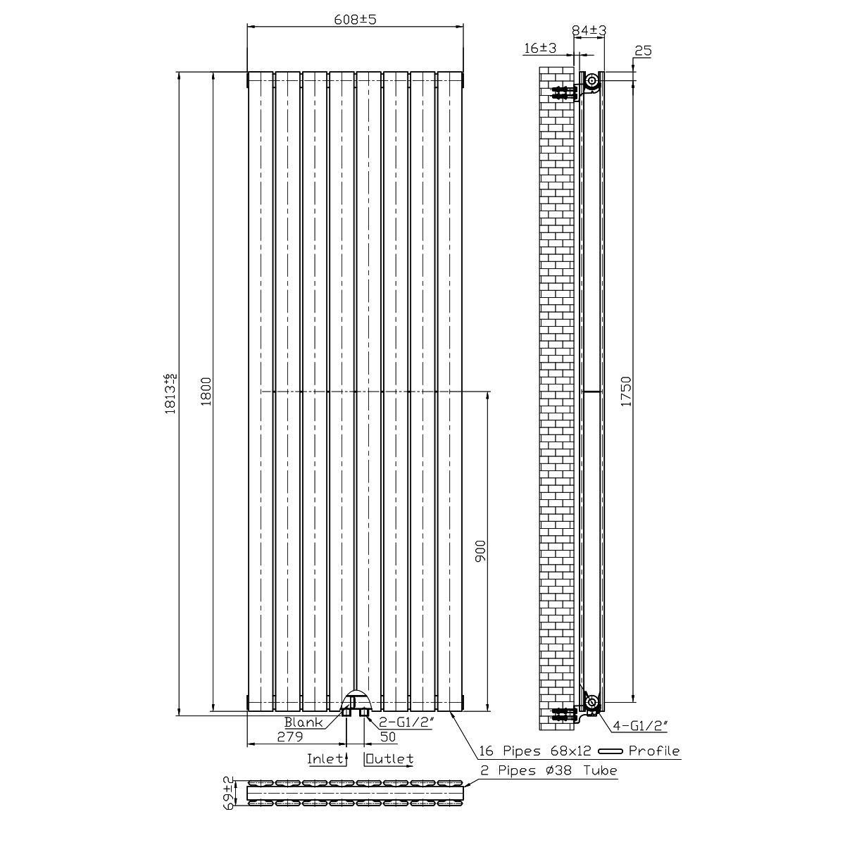 Calorifer dublu vertical, otel, Negru Mat, dimensiune: 180x61 cm, Kalifa