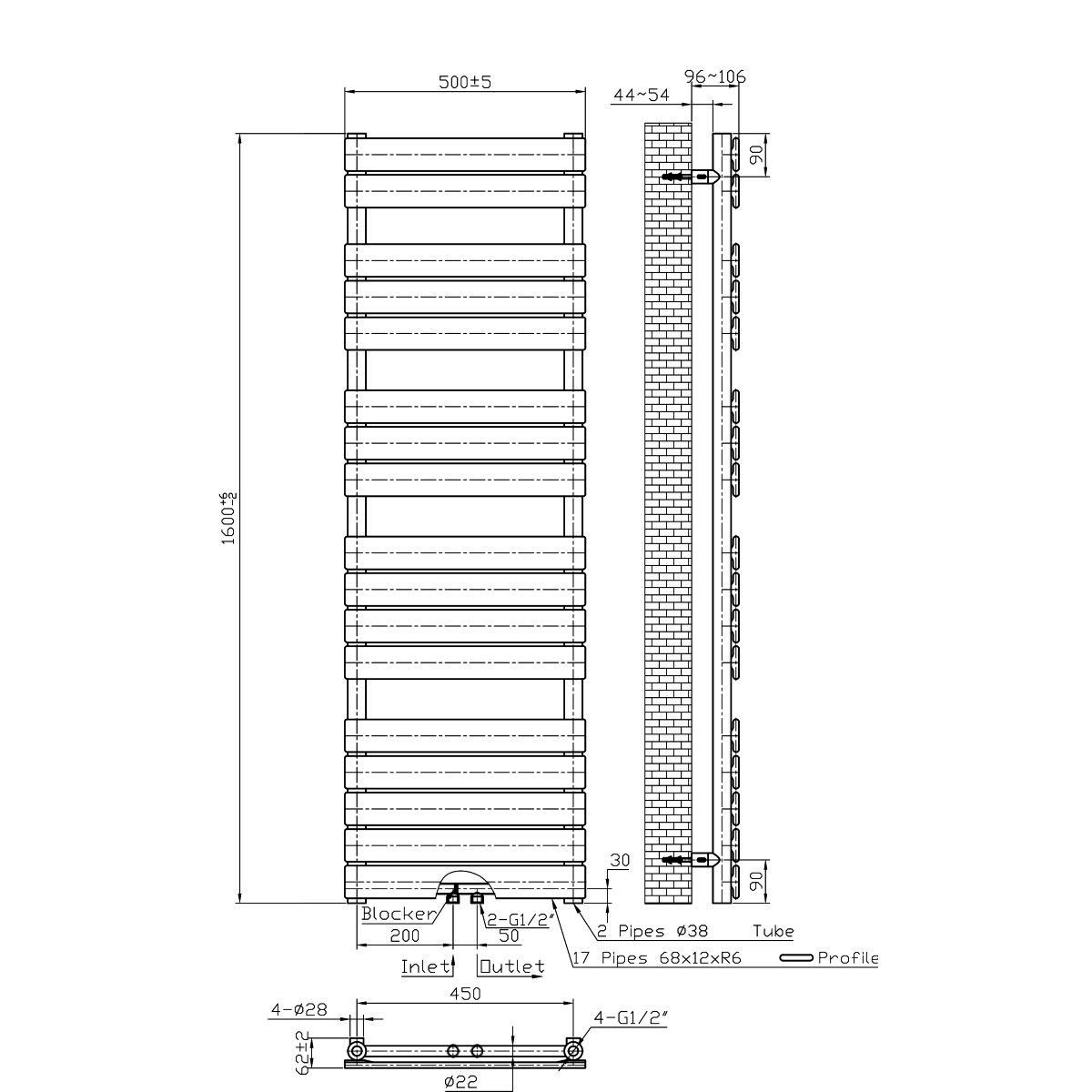 Calorifer EGO - Nadir, radiator Portprosop din otel, Alb sau Antracit, 100-120-140-160-180 cm