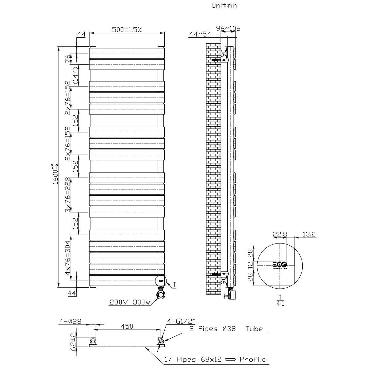 Calorifer electric din otel cu termostat digital LCD, Timer, Portprosop, Antracit, 120-140-160x50 cm, Nadir