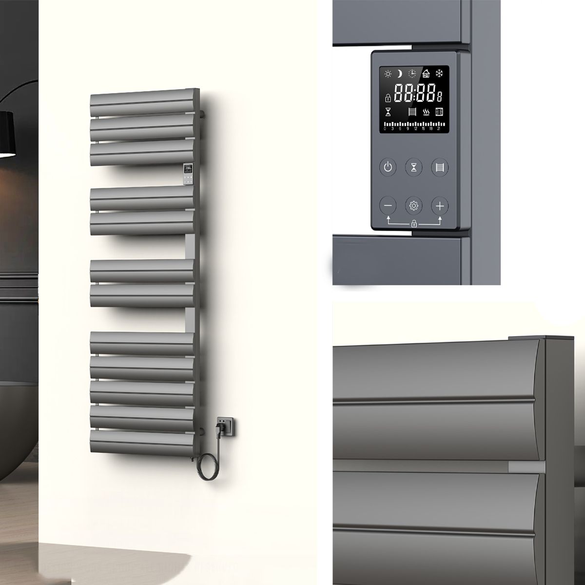 Calorifer portprosop electric, 500W, 230V, Antracit, 3 trepte, termostat digital, 6 programe, 8 elementi, 105x55 cm, Reina